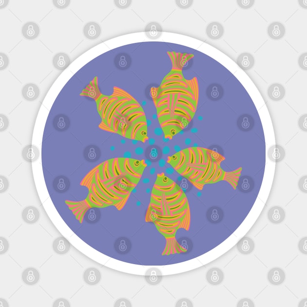 FEEDING TIME Tropical Striped Fish Undersea Ocean Coral Reef Sea Life in Green Pink Yellow Blue - UnBlink Studio by Jackie Tahara Magnet by UnBlink Studio by Jackie Tahara